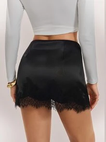 SHEIN Tall Women's Elegant Low Waist Lace Patchwork Mini Skirt - Black - View 2