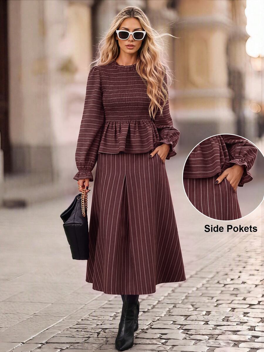 Brillora Brown Striped Top And Skirt 2 Pieces Set - Burgundy - View 1