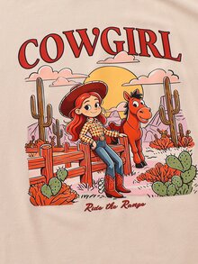 SHEIN 女童字母印花圓領落肩袖T恤與長褲休閒套裝 - 咖啡棕 - 查看 9