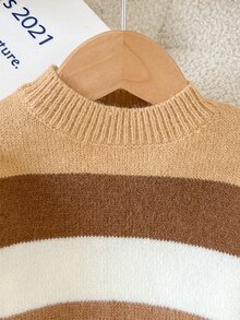 SHEIN LMoss Kids 女嬰圓領套頭毛衣，粉色條紋，柔軟舒適，適合秋冬穿著 - 棕色 - 查看 3