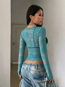 StreetHx Fashionable Women's Black Lace Top - Mint Blue - View 2