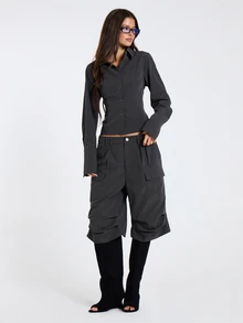 MUSERA Grey Low Waisted Cargo Style Shorts Jorts Fall Winter Women Outfit Casual - Grey - View 1