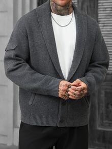 Manfinity CasualCool Solid Color Vertical Ribbed Texture Men's Knit Cardigan With Stand Collar And Zipper Closure, Business Casual Long Sleeve Sweater - Black - View 4