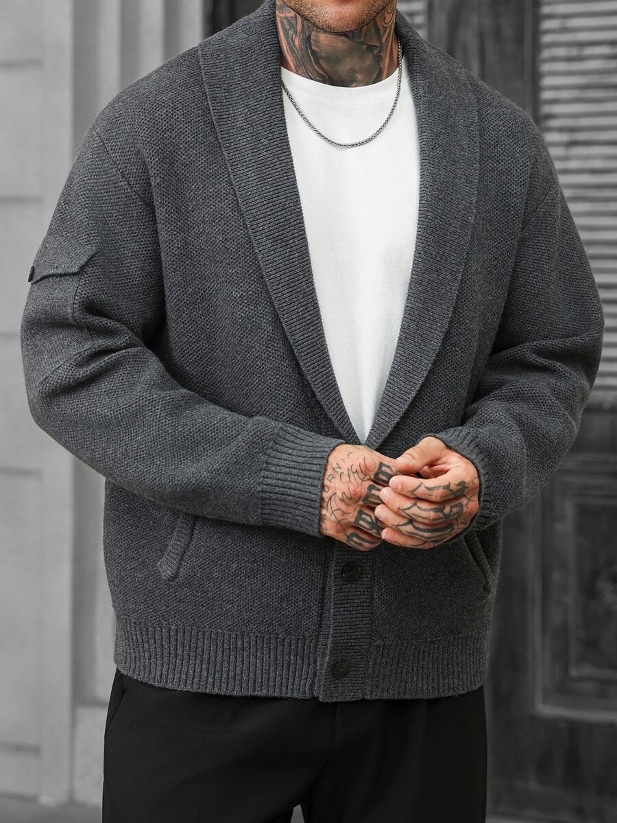 Manfinity CasualCool Solid Color Vertical Ribbed Texture Men's Knit Cardigan With Stand Collar And Zipper Closure, Business Casual Long Sleeve Sweater - Black - View 1