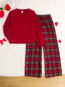 SHEIN 親子情侶/兄弟姊妹套裝 青少年女孩休閒簡約格紋修身圓領短袖長褲居家服 適合秋冬聖誕節聖誕派對 - 紅色 - 查看 10
