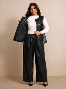 Elaquor Plus Size Elegant Goth Button PU Material Vest Jacket And Loose Long Pants 2 Pieces Set Office Going Out Evening Party Fall/Winter Black - Black - View 7