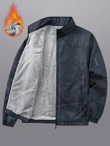 Manfinity Homme Men's Stand Collar Casual Denim Effect Thermal Lined Jacket - Blue - View 1