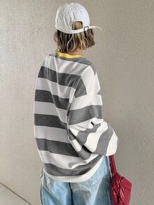 FRIFUL 女款藍白條紋圓領落肩長袖休閒街頭風T恤，適合校園秋季穿搭 - 黃色 - 查看 4
