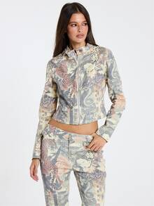 MUSERA Multicolour Print Denim Zip Up Long Sleeve Jacket Fall Winter Halloween Sexy Going Out Y2k - Multicolor - View 1