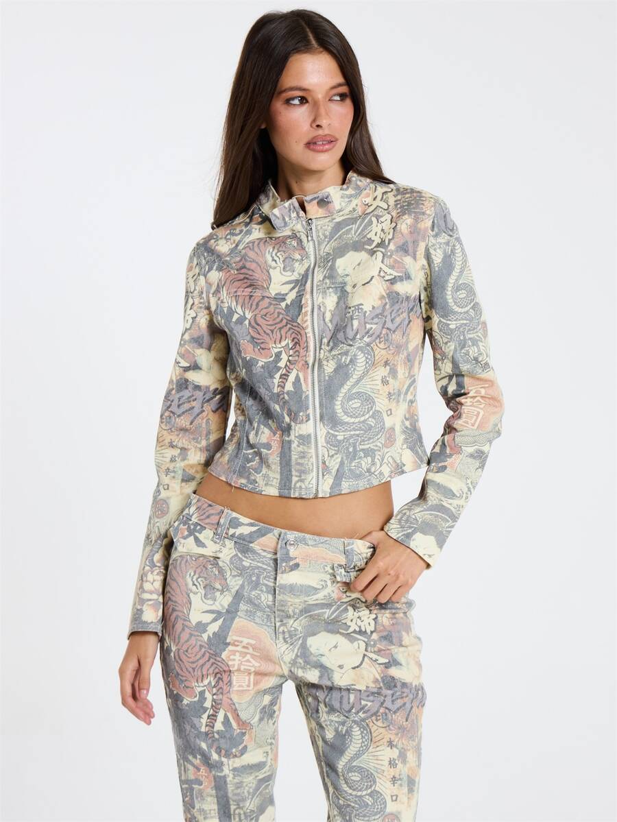 MUSERA Multicolour Print Denim Zip Up Long Sleeve Jacket Fall Winter Halloween Sexy Going Out Y2k - Multicolor - View 1