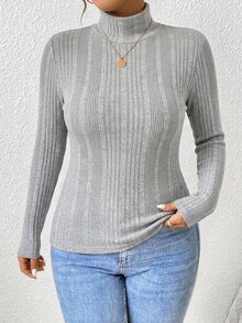 SHEIN Frenchy 大尺碼女款純色休閒日常長袖T恤 - 灰色 - 查看 4