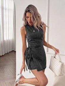 Easowa Women's Solid Color Casual Daily Summer Denim Dress - Black - View 4