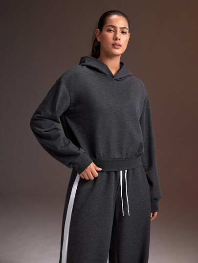 Powerista Women's Solid Color Drop Shoulder Long Sleeve Casual Hooded Sweatshirt