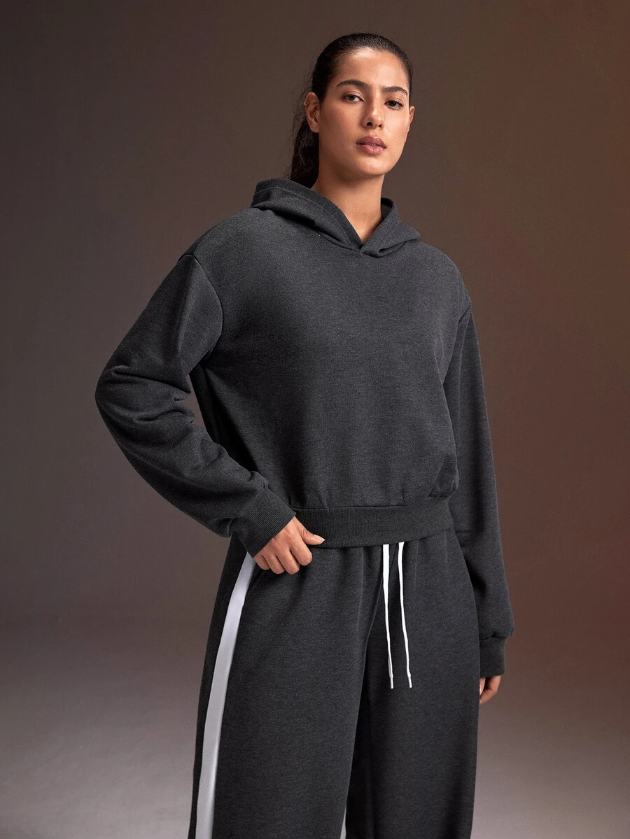 Powerista Women's Solid Color Drop Shoulder Long Sleeve Casual Hooded Sweatshirt - Dark Grey - View 1