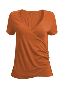 SHEIN LUNE Women's Solid Color V-Neck Pleated Fitted Versatile Casual Short Sleeve T-Shirt - Orange - View 3
