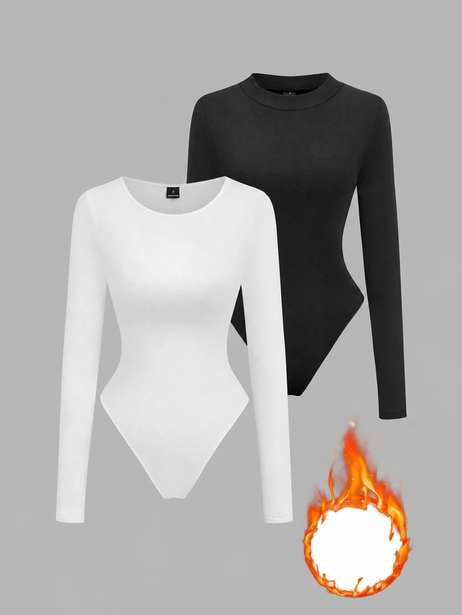 Flirla Casual Minimalist All-Match Commute Thermal Lined Versatile Round Neck Stand Collar 2 Pieces Set Black White Women's Bodysuit Everyday Fall - Multicolor - View 1