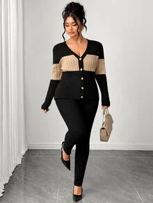 Elenzga Plus Size Women's Black & Contrast Color V-Neck Knitted Cardigan, Cinched Waist Slim Fit, Metal Gold Buttons, Vertical Ribbed Cable Texture, Flattering Commuter Versatile Outerwear - Multicolor - View 6