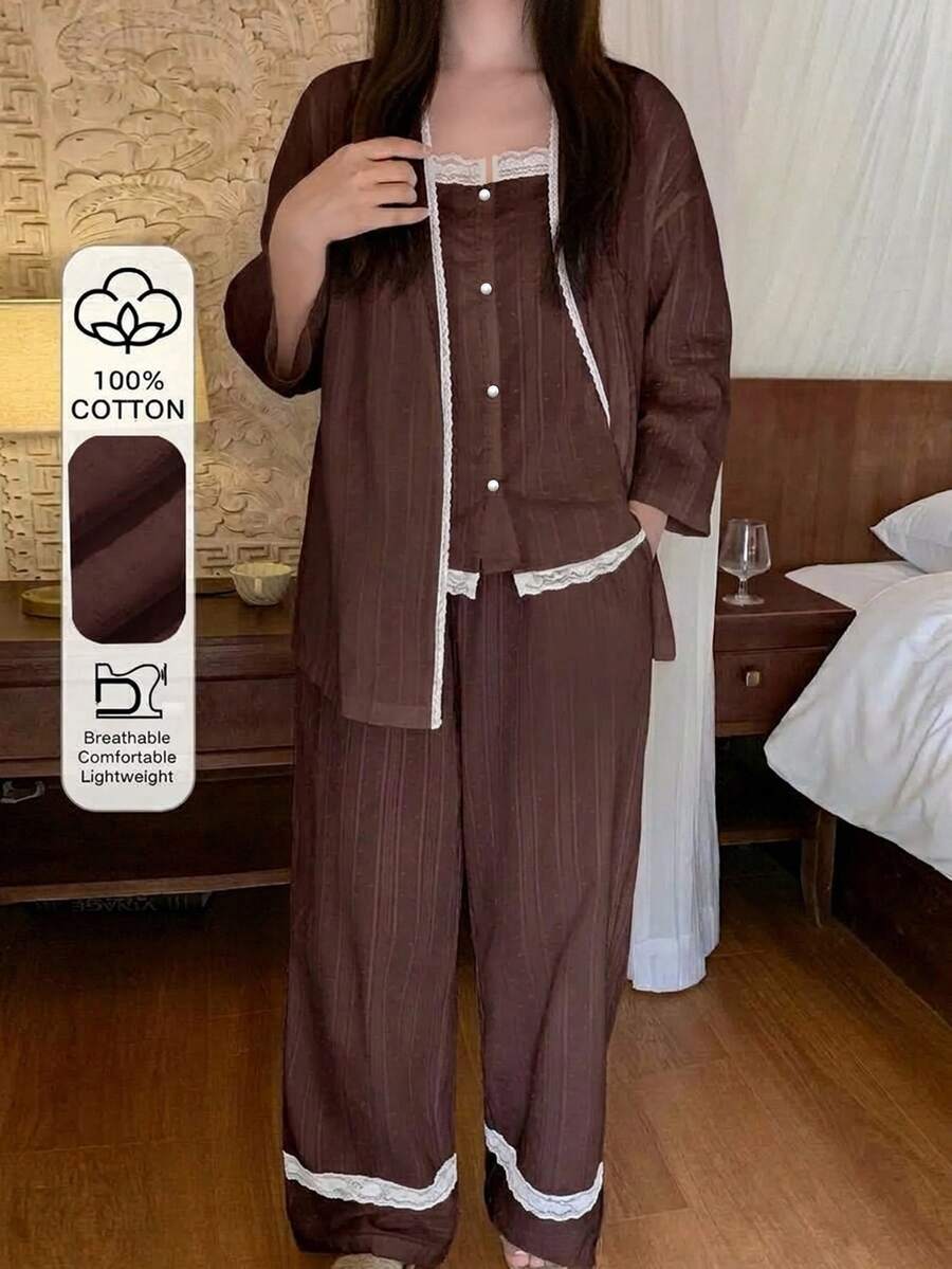 Dazy Plus 3件組度假風大尺碼女款白色波點紋理布料睡衣套裝,春/夏 - 棕色 - 查看 1