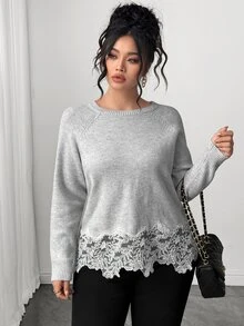 Elenzga Sweater Pullover Renda Elegan Pas Badan Ukuran Plus untuk Komuter - Grey - View 7