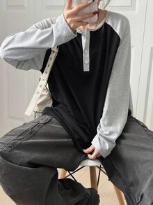 FRIFUL Women's Colorblock Round Neck Button Loose Long Sleeve T-Shirt Everyday School Black Autumn Casual - Grey - View 7