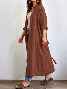 Linhara CURVE Jaket Linen Panjang Kasual Wanita, Pakaian Luar Kasual untuk Jalan-jalan dan Berpergian - Rust Brown - View 5