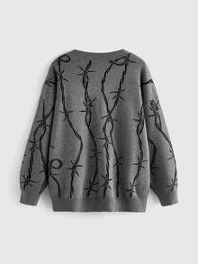 ROMWE Dark Gothic Halloween Thorn Jacquard Loose Open Front Cardigan - Grey - View 2