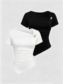 Sweetra Summer Hot-Selling Elegant Minimalist Asymmetrical Shoulder Ruched Waist Short Sleeve 2 Pieces Set Metal Decor Sexy Women Plus Size T-Shirt Top - Black and White - View 1