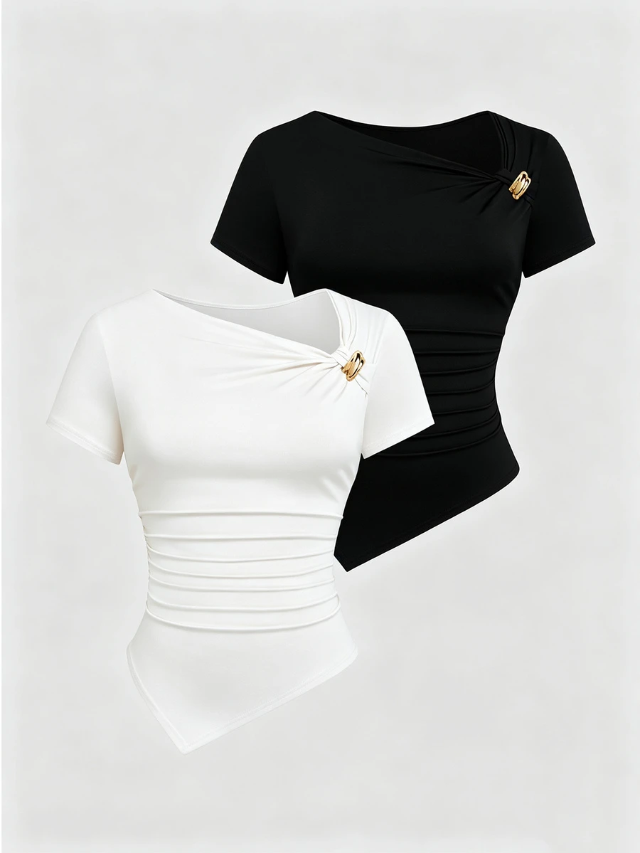 Sweetra Summer Hot-Selling Elegant Minimalist Asymmetrical Shoulder Ruched Waist Short Sleeve 2 Pieces Set Metal Decor Sexy Women Plus Size T-Shirt Top - Black and White - View 1