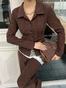 DAZY 女款咖啡棕色翻領鈕扣收腰修身長袖上衣搭配同色寬鬆長褲兩件套 - 咖啡棕 - 查看 6