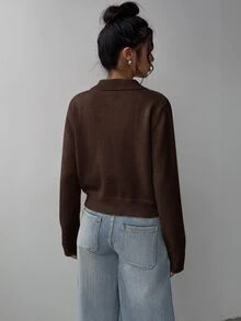 SHEIN BASICS 女款休閒素色長袖寬鬆短版開襟針織外套 秋季開學季校園風 淡黃色 教師辦公室日常穿搭 - 咖啡棕 - 查看 9