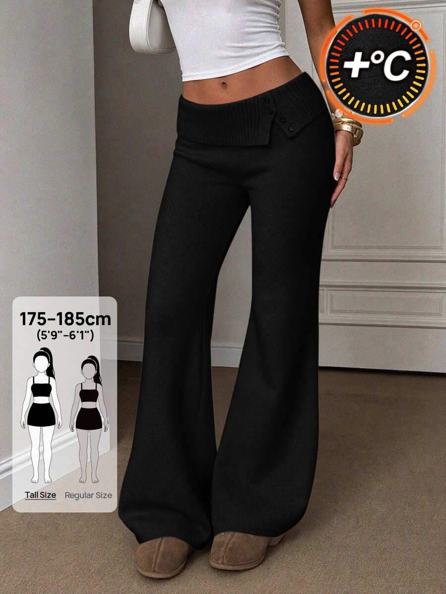 SHEIN Tall Women's Solid Color Waist Fold Casual Flare Knit Pants ...