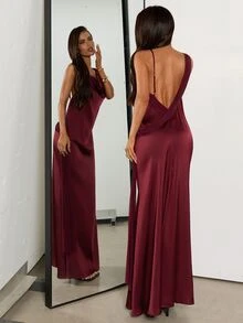 Aloruh An Elegant Magenta Satin Mermaid Dress Featuring A Sexy Open-Back Design And A Fitted A-Line Silhouette-Perfect For Evening Galas, Semi-Formal Events, - Purple - View 2
