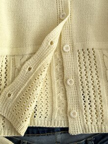 Sweetra Cream Yellow Round Neck Single-Breasted Hollow Cable Knit Women's Cardigan - Light Yellow - View 7
