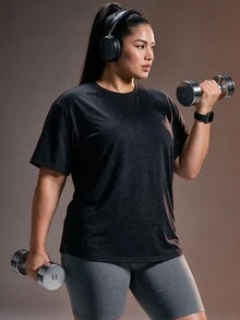 Powerista Kaos Olahraga Kasual Serbaguna Lengan Pendek Kerah Bulat Warna Polos untuk Wanita Ukuran Besar - Hitam - View 6