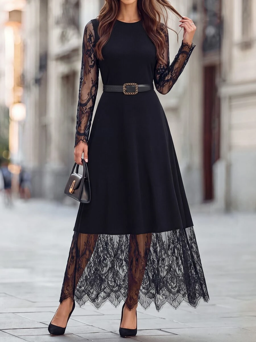 Editum Women's Solid Color Round Neck Contrast Lace Long Sleeve Elegant Dress - Black - View 1
