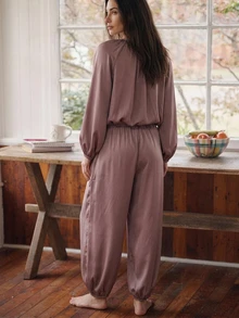 DAZY Women's Solid Color V-Neck Raglan Long Sleeve Top And Pants Pajama Set - Light Bean Paste - View 2