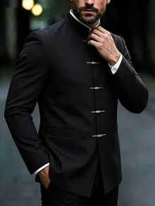 Manfinity AFTRDRK 男士優雅派對純色立領單排扣黑色西裝外套，完美的節日禮物選擇 - 黑色 - 查看 5