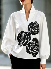 SHEIN Premium Black & White Abstract Rose Pattern V-Neck Long Sleeve Blouse For Women, Raglan Sleeves, Lantern Cuffs, Loose Fit, Casual, Elegant, Commuter, Versatile, Unique, Slimming - White - View 3