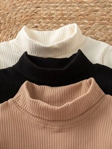 SHEIN 女童高領打底上衣，柔軟舒適針織面料，保暖護頸，可作為內搭或外穿，適合秋冬日常戶外出遊 - 彩色 - 查看 4