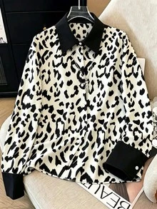 GlowEve CURVE Plus Size Vintage Leopard Print Elegant Commuter Minimalist High-End Comfortable Loose Casual Everyday Versatile Long Sleeve Shirt, Spring/Summer/Autumn - Apricot - View 1