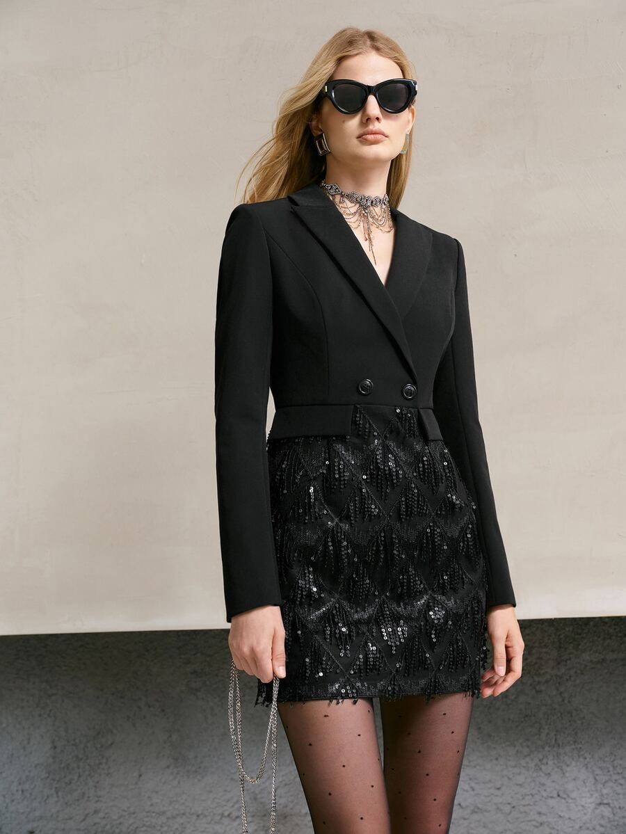 MOTF PREMIUM WOMEN'S AUTUMN/WINTER LAPEL SHORT PARTY DRESS - Black - View 1