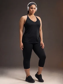 Powerista Women's Plus Size Backless Racerback Loose Black Jacquard Fabric Sports Tank Top - Black - View 7