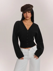 SHEIN PETITE Women's Solid Color Button Fitted Waist Knit Cardigan, Casual Everyday Wear, Autumn/Winter - Black - View 3