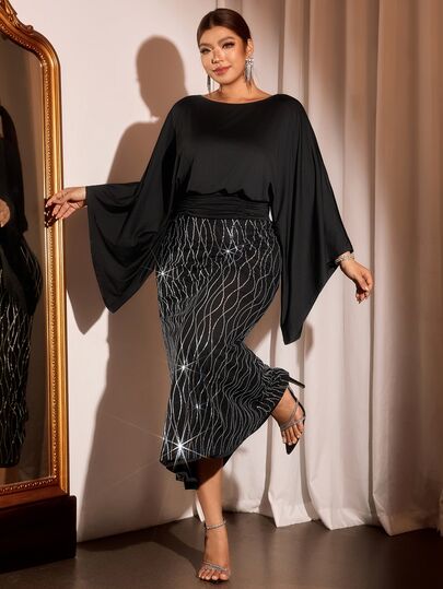 Cravure Vestido largo de talla grande con cuello barco, manga larga acampanada, cintura ceñida, tela de satén con patchwork de lentejuelas y malla, elegante para salidas, citas, fiestas y reuniones, vestido exquisito