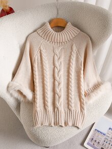 Story & Sage Women's High Neck Raglan Sleeve Patchwork Fluffy Cable Knit Sweater Everyday Family Orange Pink Autumn Casual Daily Going Out Top Women Fall/Winter - White - View 3