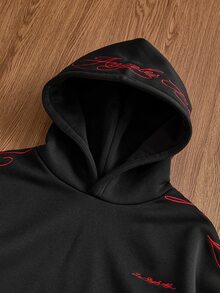 SWAVVY 男士針織時尚日常青年休閒寬鬆版型英文刺繡長袖連帽衫 - 黑色 - 查看 2