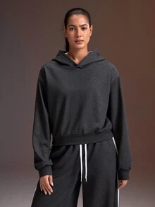 Powerista Women's Solid Color Drop Shoulder Long Sleeve Casual Hooded Sweatshirt - Dark Grey - View 3