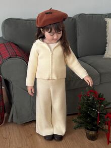DAZY Infant (Girl) Solid Color Casual Hooded 2 Pieces Sweater Set - Apricot - View 5