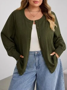 SHEIN CURVE+ 大尺碼休閒純色圓領長袖寬鬆女款上衣 - 軍綠色 - 查看 7