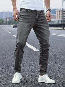 QuarKem 男士休閒直筒牛仔褲，附口袋，水洗做舊百搭款 - 灰色 - 查看 6